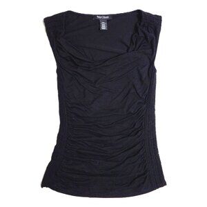 White House Black Market Cowl Neck Ruched Sides Black Top XXS NWOT